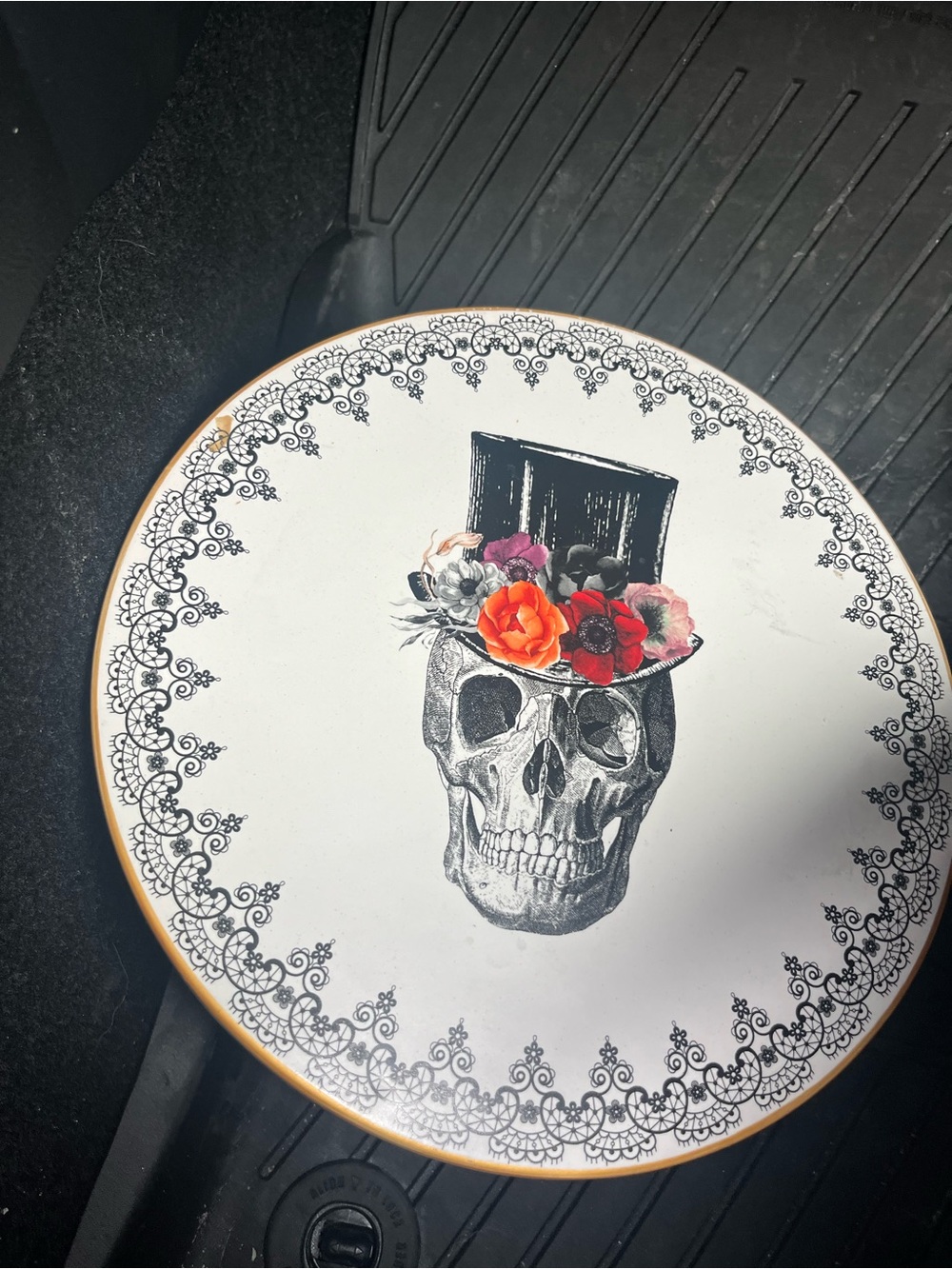 Skull with Top Hat & Floral Crown Decorative Plate - White